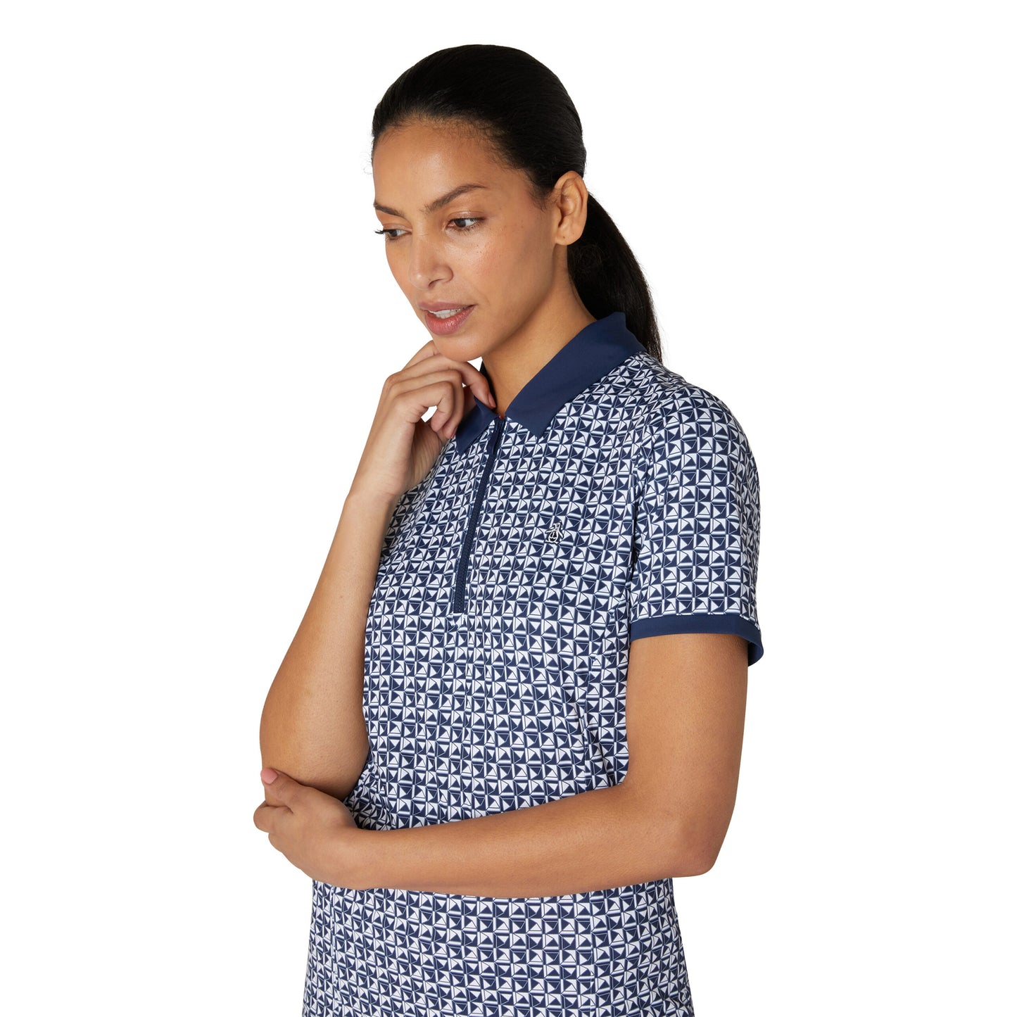 Original Penguin Ladies Navy Short Sleeve Geo Print Polo Shirt with Mesh Panels
