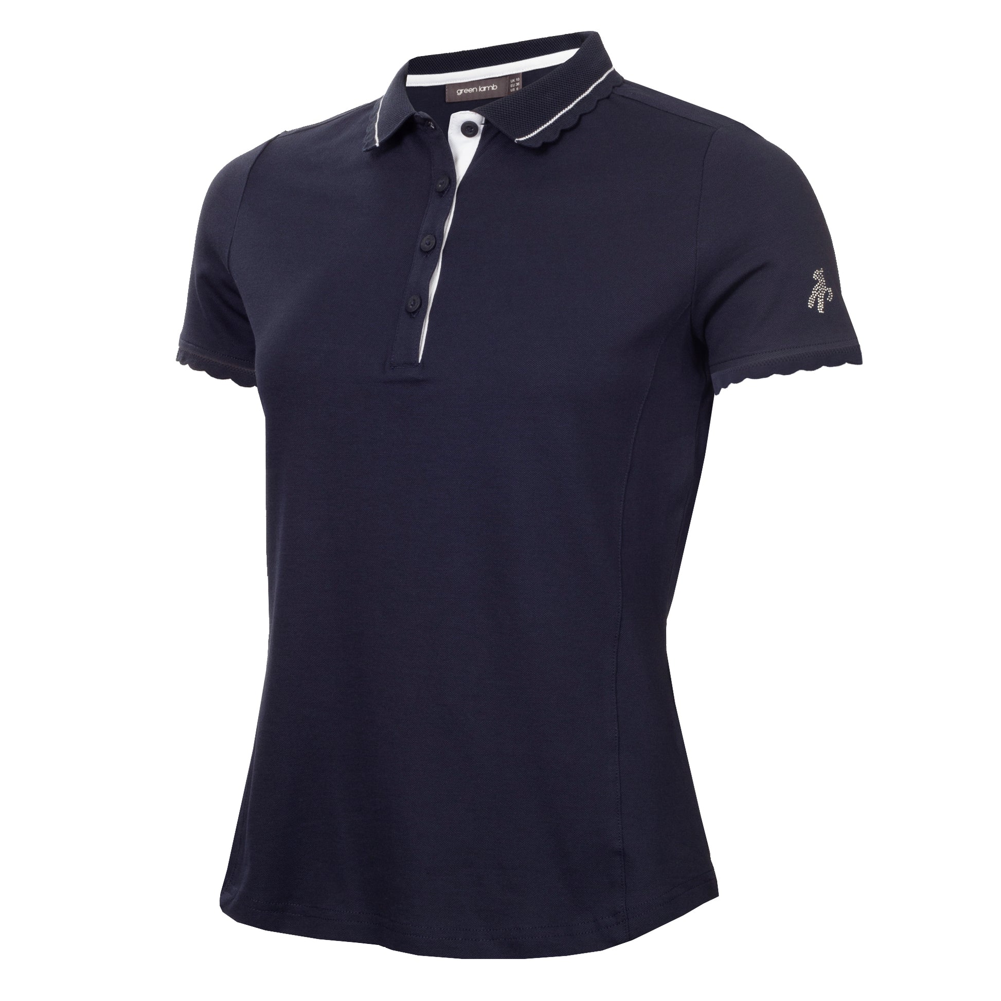 Green Lamb Ladies Short Sleeve Polo with Scalloped Trim in Navy