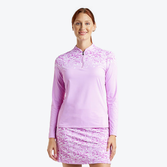 Nivo Ladies Long Sleeve Polo in Bubble Gum Abstract Floral Print