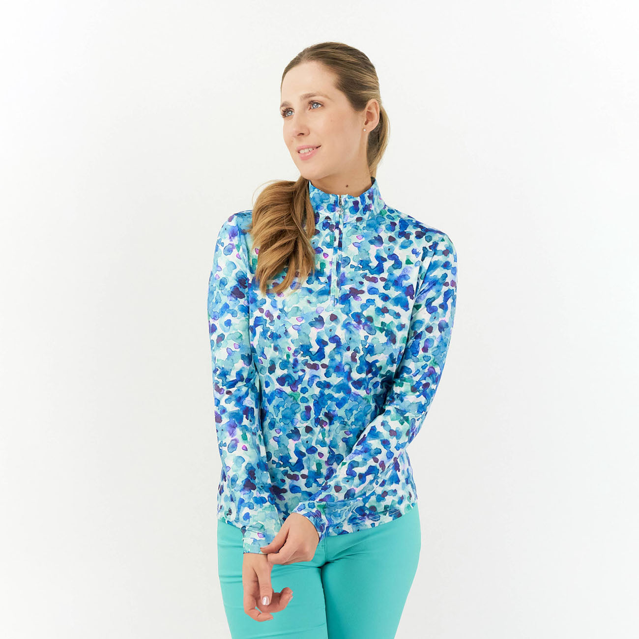 Pure Golf Ladies Long Sleeve Top in Dappled Ocean Print with Sun Protection