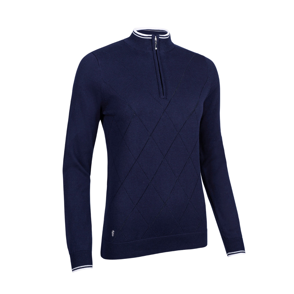 Glenmuir Ladies Long Sleeve Sweater with Pointelle Diamond Design in Navy/White/Silver