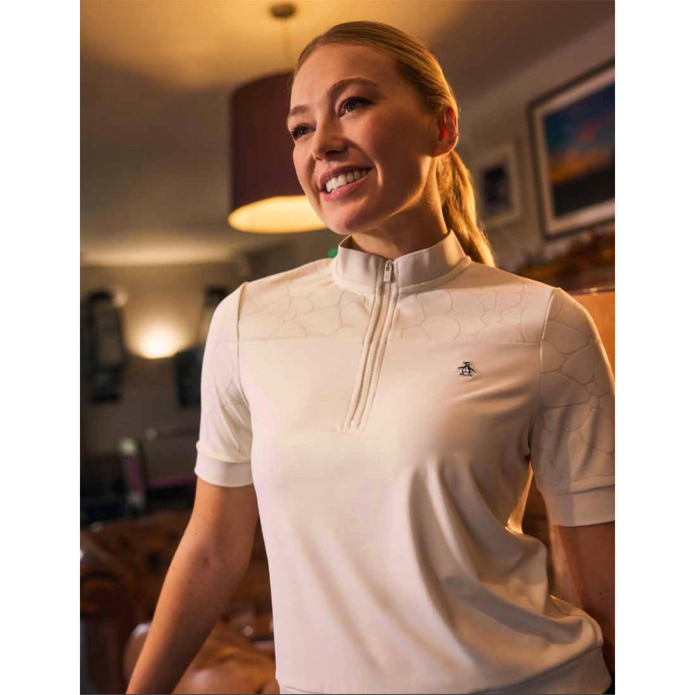 Original Penguin Ladies Zip Neck Polo with Laser Cut Floral Design