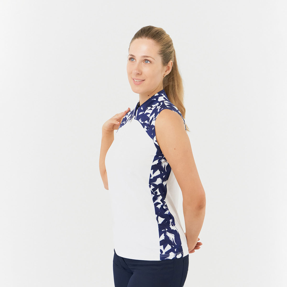  Pure Golf Ladies Sleeveless Polo with Navy Botanical Print