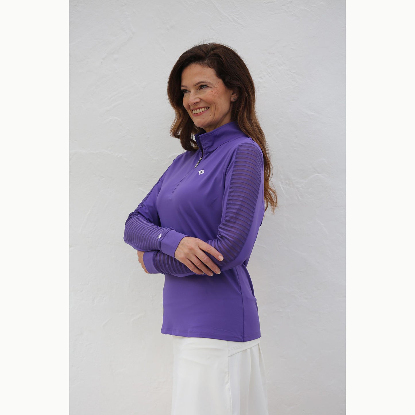 FAMARA Ladies Long Sleeve Lavender Top With Sheer Striped Sleeves