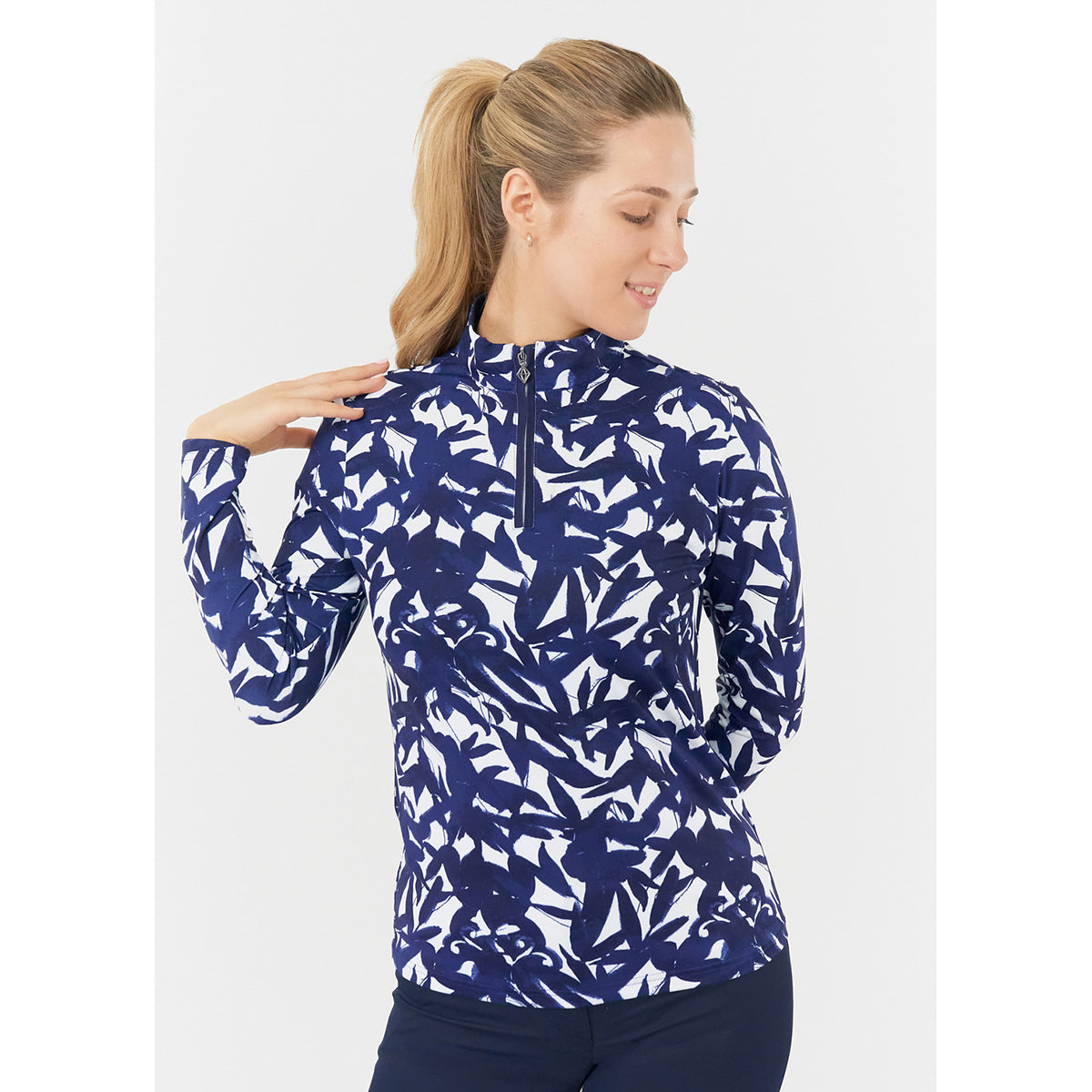 Pure Ladies Long Sleeve Top in Navy Botanical Print