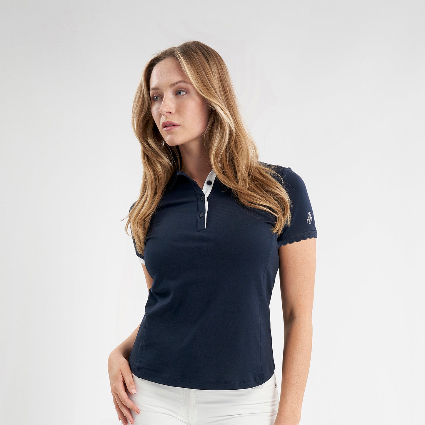 Green Lamb Ladies Short Sleeve Polo with Scalloped Trim in Navy