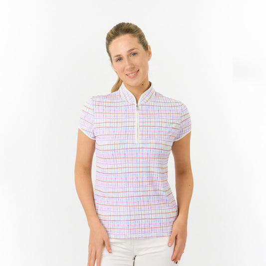 Pure Golf Cap Sleeve Polo in Pastel Check Print