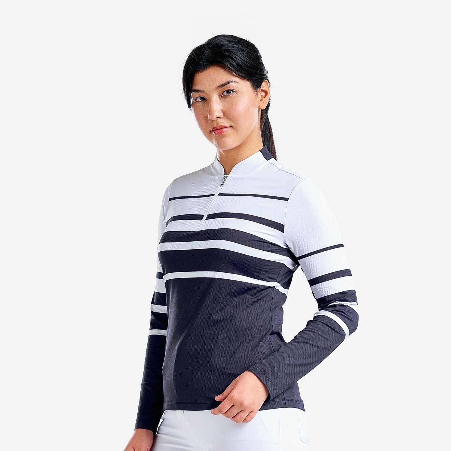 Nivo Ladies Long Sleeve Golf Polo in White & Navy