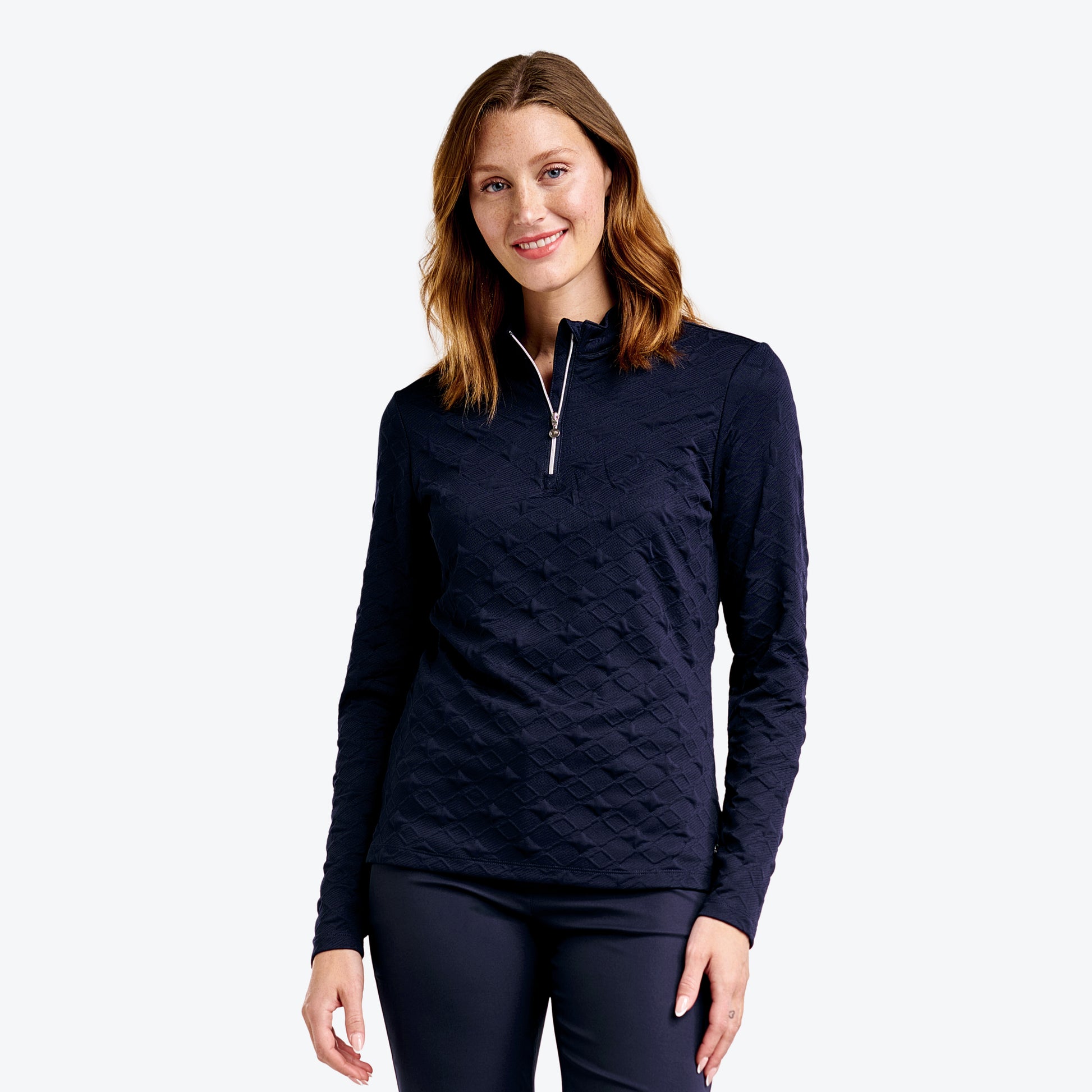 Nivo Ladies Mock Neck Long Sleeve Top with Textured Diamond Print in Navy