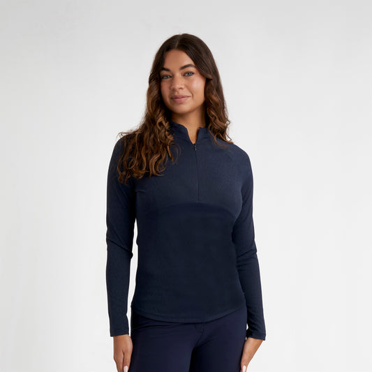 Green Lamb Ladies Lightweight 1/4 Zip Top with Jacquard Leopard Print in Navy