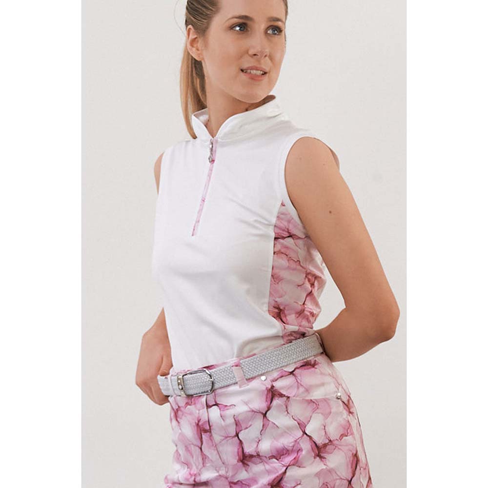 Pure Golf Ladies White & Pink Blossom Print Sleeveless Polo Shirt