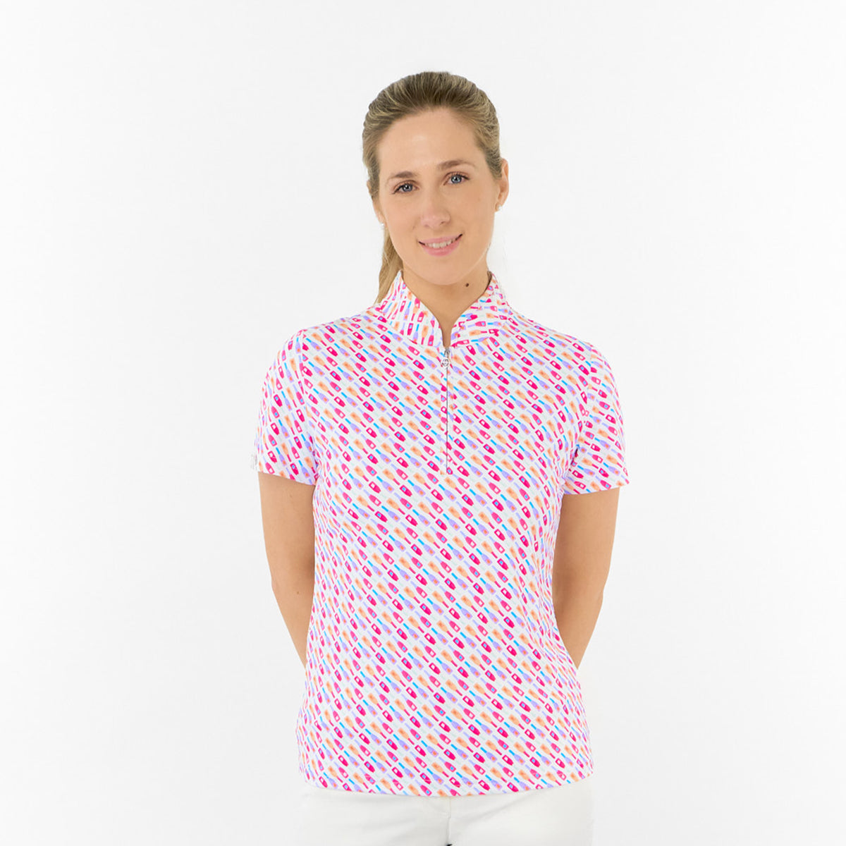 Pure Ladies Ellen Short Sleeve Polo in Fun Bottle Print