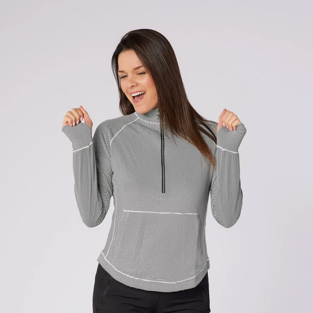 Swing Out Sister Womens Fine Stripe Zip-Neck Top with Front Pocket Great for Range to Course Wear