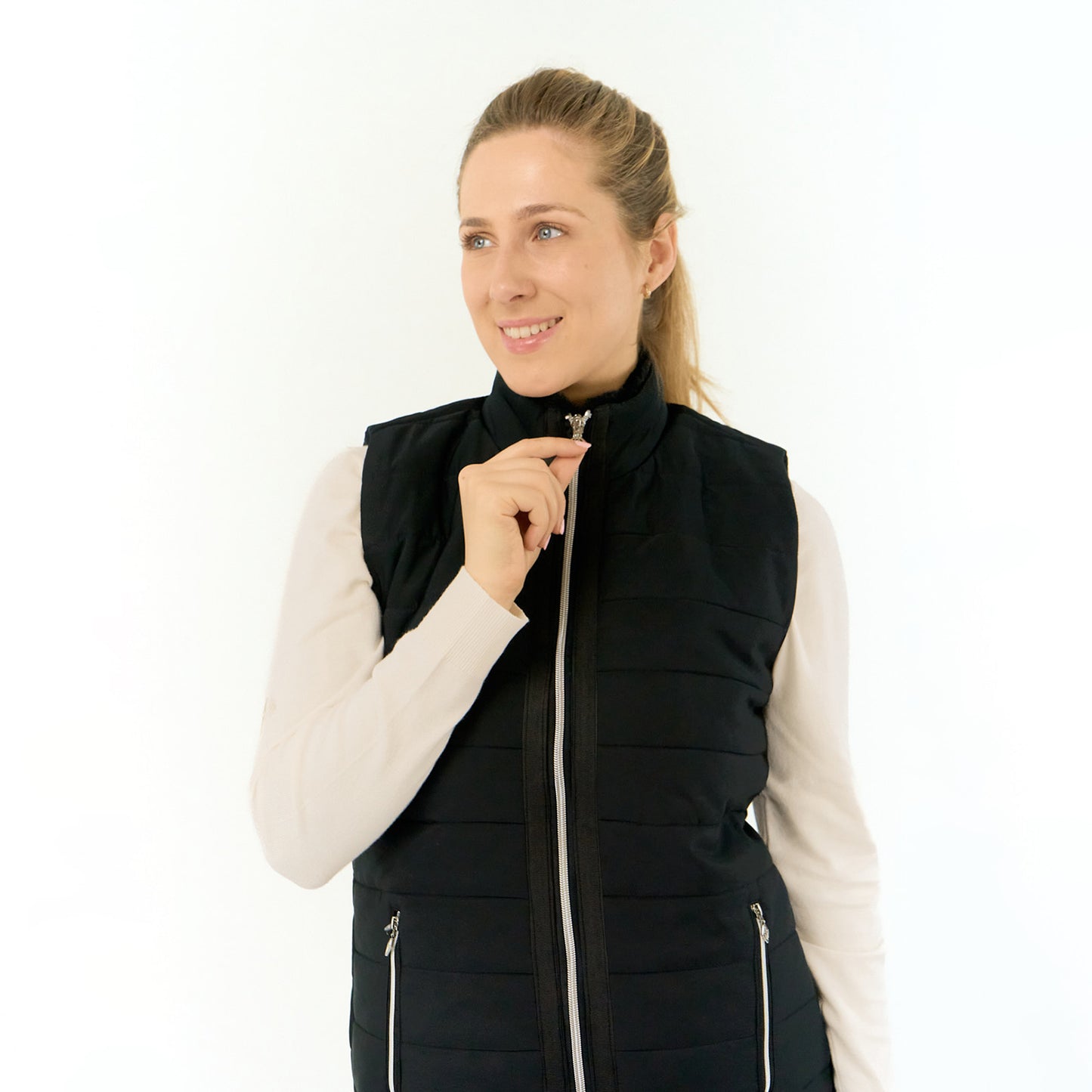 Pure Golf Ladies Gilet in Black with Faux Fur Collar