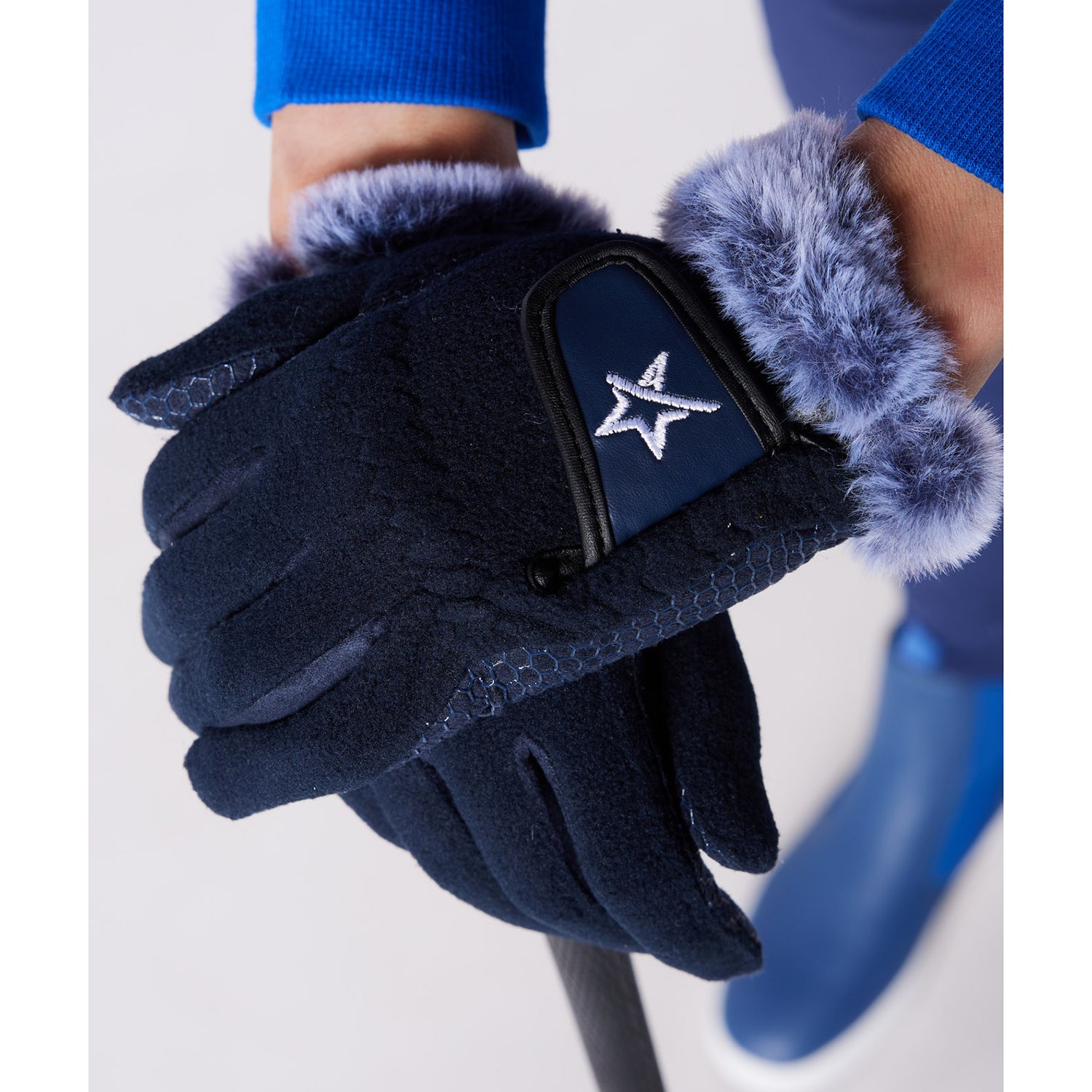 Swing Out Sister Ladies Winter Fleece Gloves with Faux Fur Trim in Navy