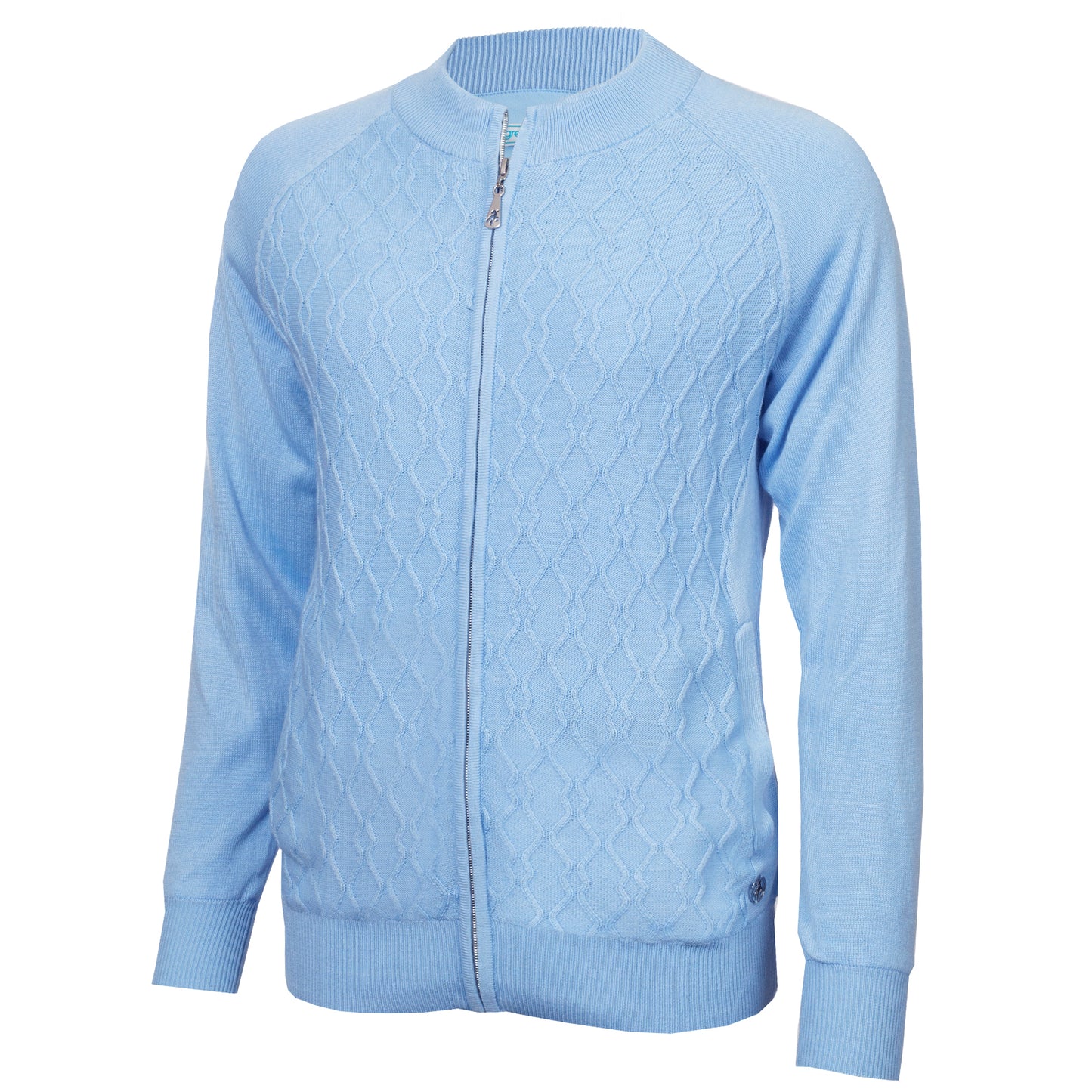 Green Lamb Ladies Lined Windstopper Cardigan with ZigZag Stitch Front Panel in Ice Blue - Last One Size 8 Only Left