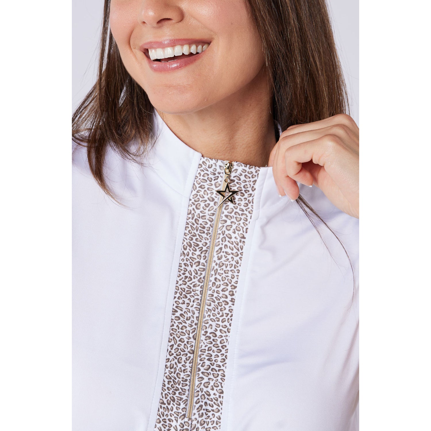 Swing Out Sister Ladies Zip-Neck Sleeveless Polo with Leopard Print Trim