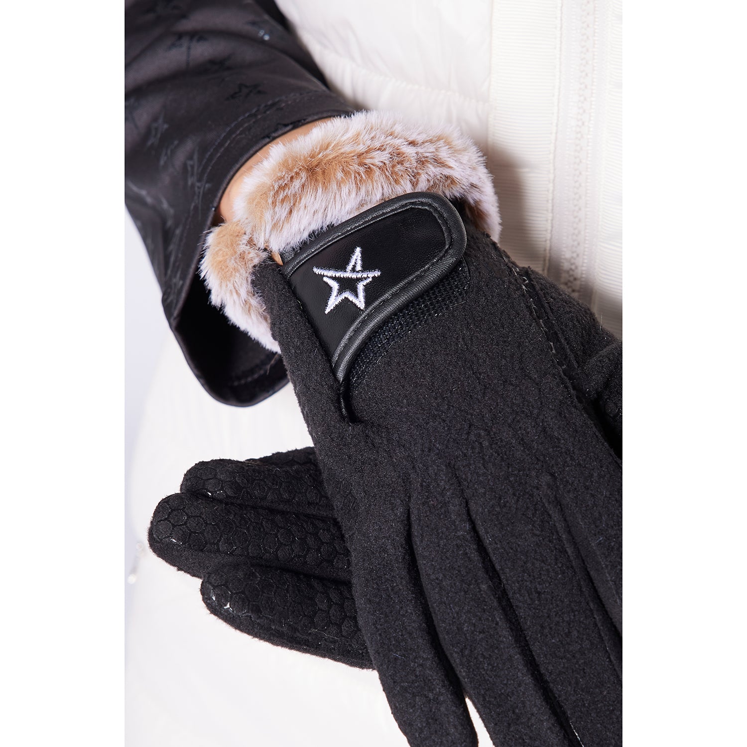 Swing Out Sister Ladies Winter Fleece Gloves with Faux Fur Trim in Black