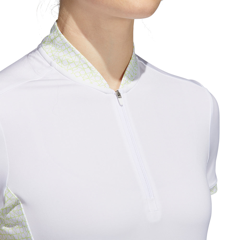 adidas Ladies Geo Printed Short Sleeve Golf Polo in White & Pulse Lime