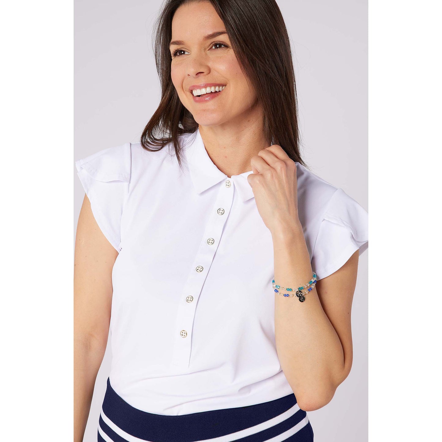 Swing Out Sister Ladies Fluted Sleeve Polo for Elegant Flair On & Off The Course