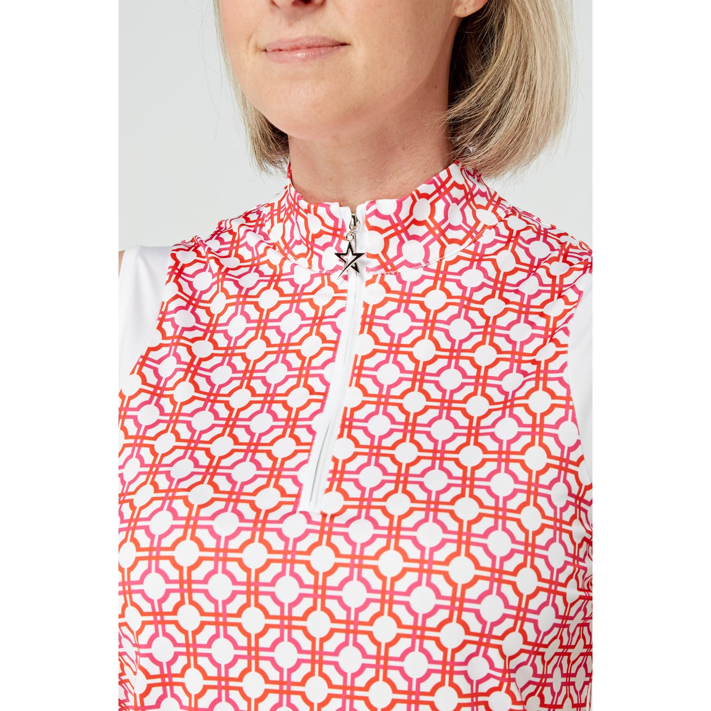 Swing Out Sister Sleeveless Zip-Neck Polo in Lush Pink and Mandarin Mosaic Print