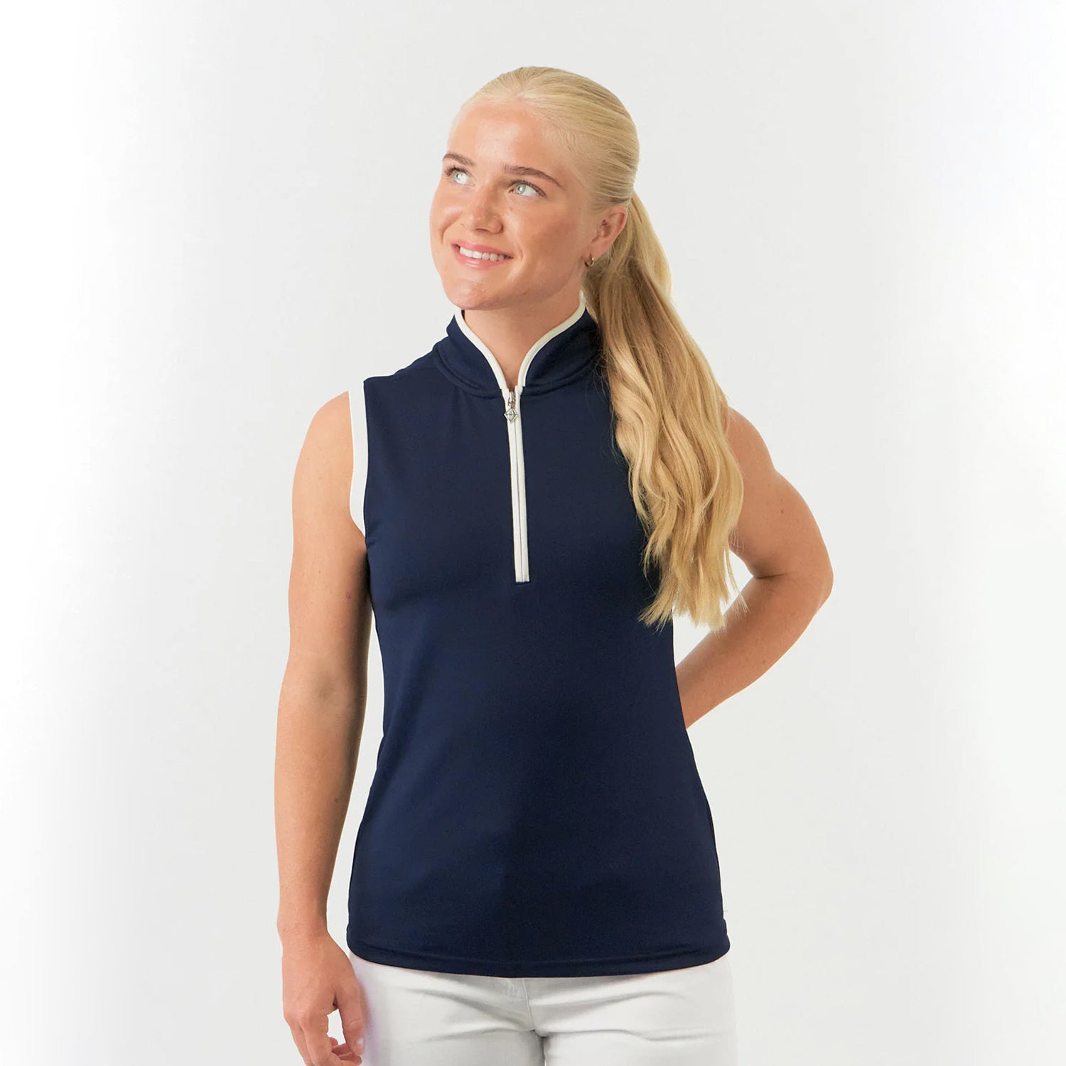 Pure Golf Ladies Sleeveless Mandarin Polo Shirt in Navy
