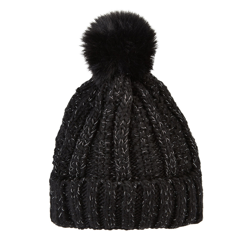 Swing Out Sister Ladies Knitted Bobble Hat in Pitch Black & Silver