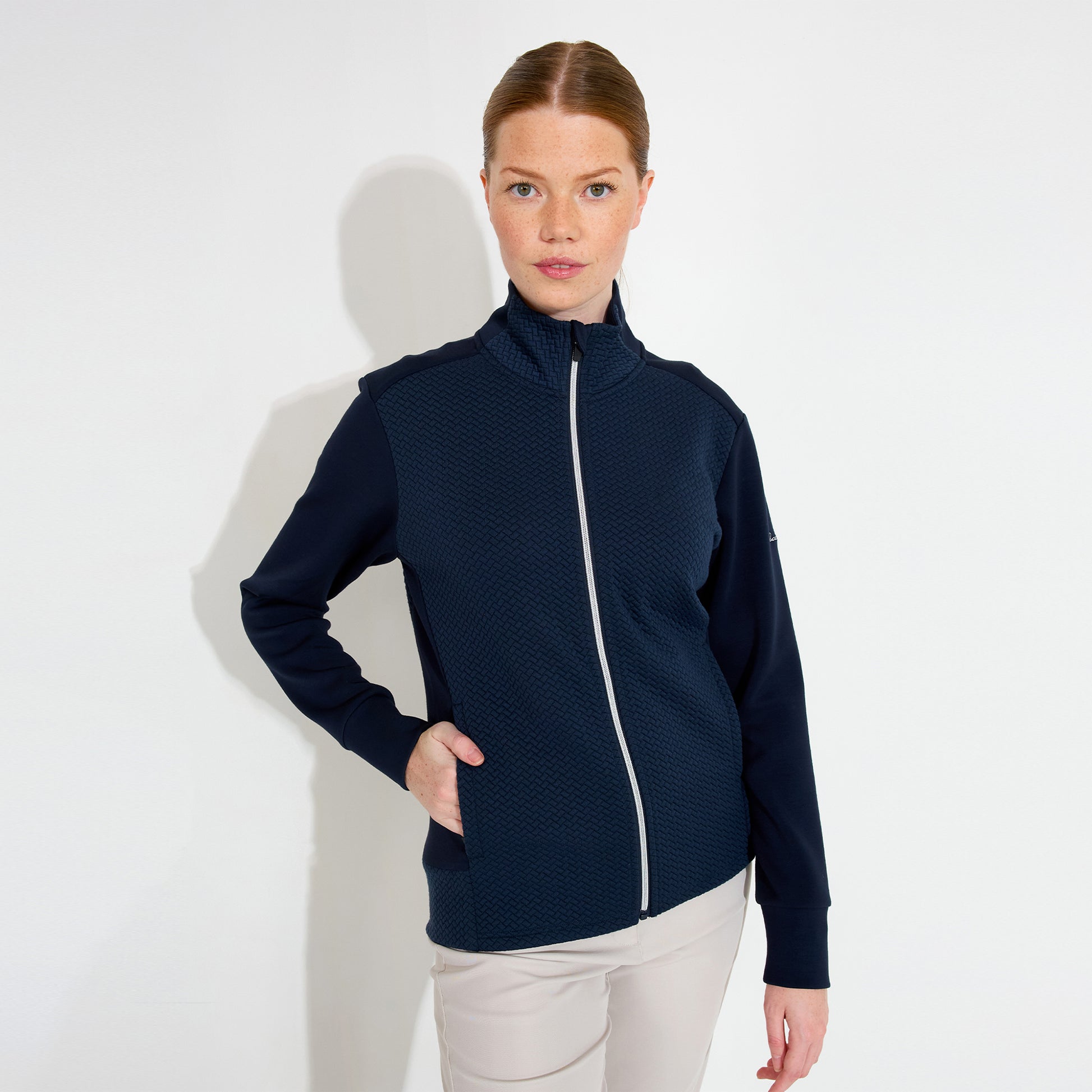 Abacus Ladies Jacquard Knit Full-Zip Fleece Mid-Layer Jacket in Navy
