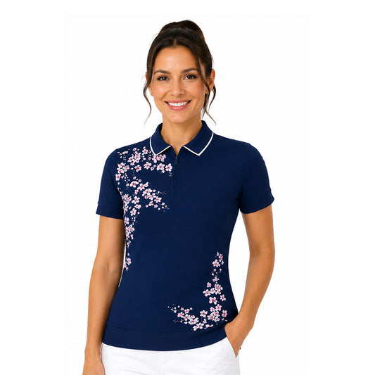 Callaway Ladies Short Sleeve Floral Blossom Rib Top in Blue Depths