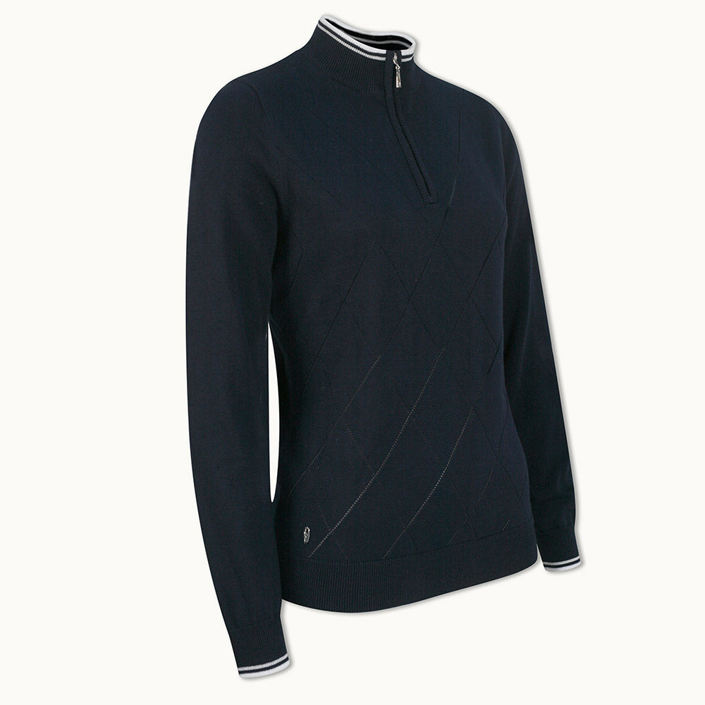 Glenmuir Ladies Long Sleeve Sweater with Pointelle Diamond Design in Navy/White/Silver