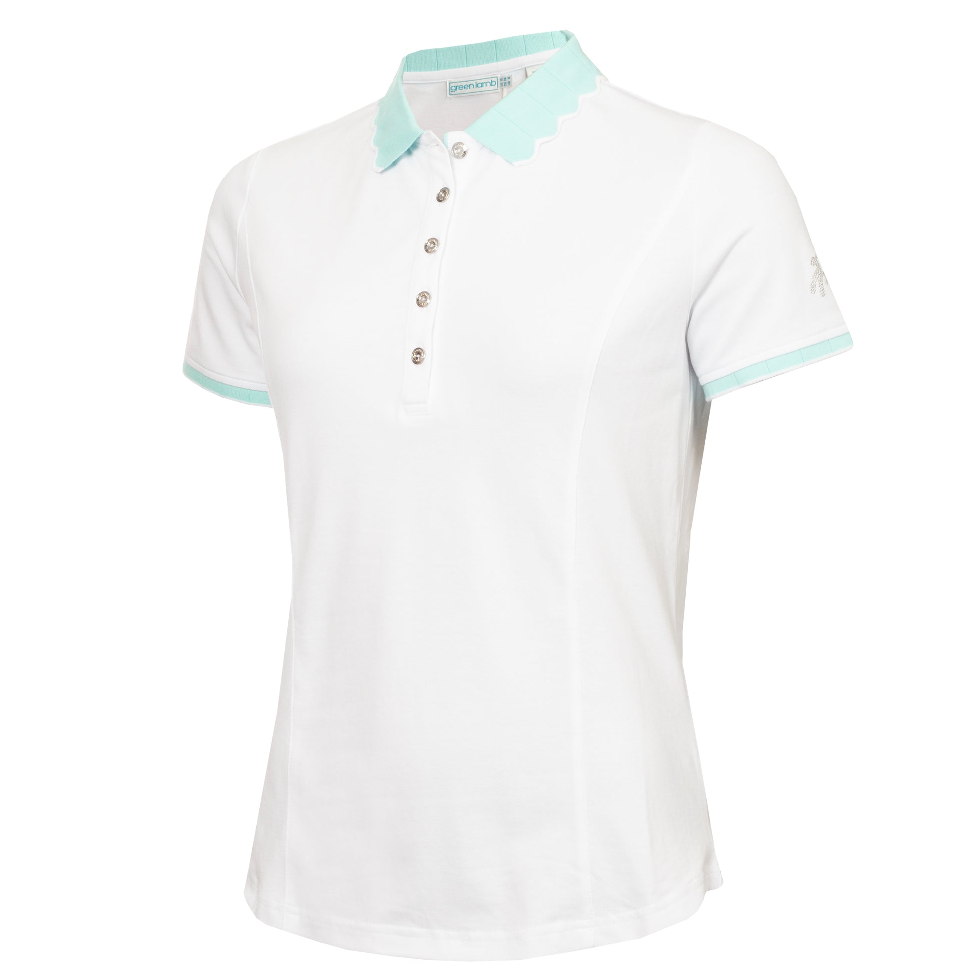 Green Lamb Ladies Short Sleeve Polo with Scalloped Collar in White & Aqua