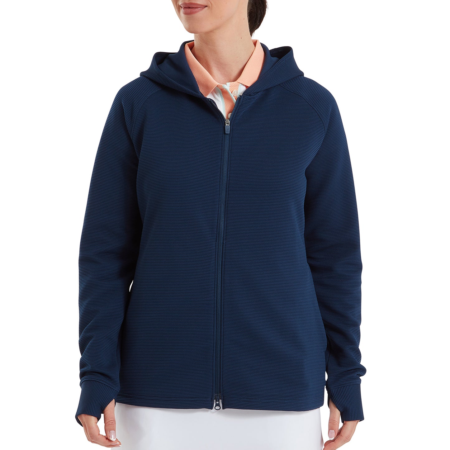 FootJoy Ladies Mid-Weight Hooded Ribbed Jacket in Navy Perfect for Golf & Casual Wear