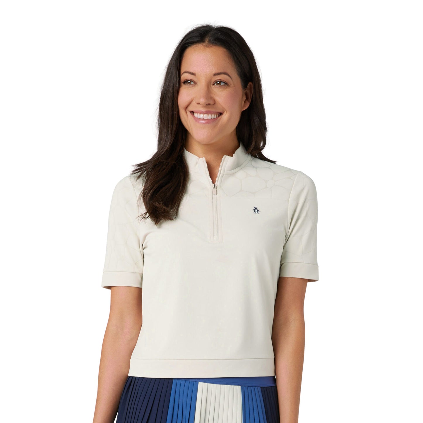 Original Penguin Ladies Zip Neck Polo with Laser Cut Floral Design