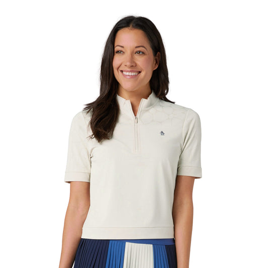 Original Penguin Ladies Zip Neck Polo with Laser Cut Floral Design