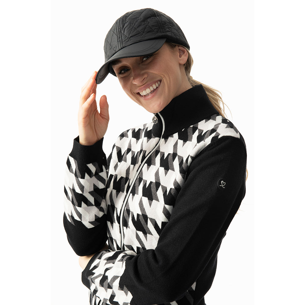Daily Sports Ladies Hound Tooth Zip-Up Cardigan in Black