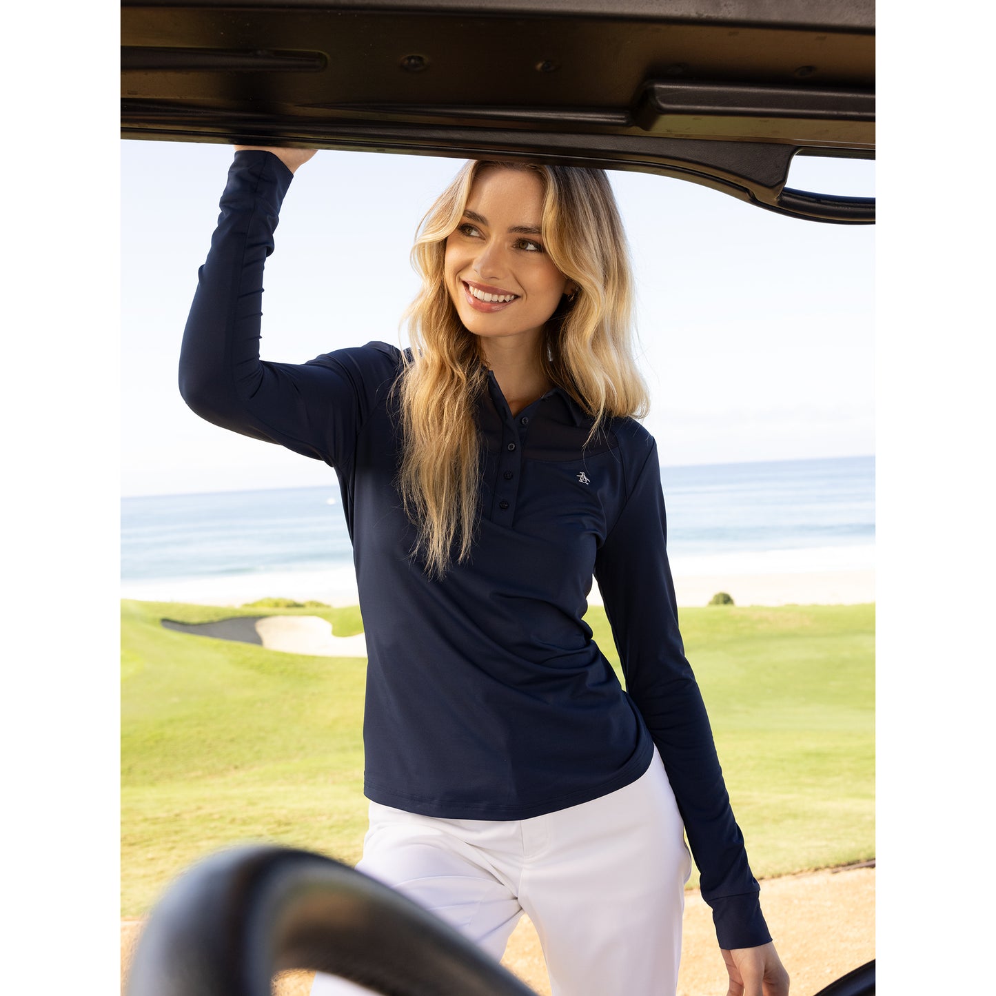 Original Penguin Womens Long Sleeve Top with Mesh Yoke in Navy