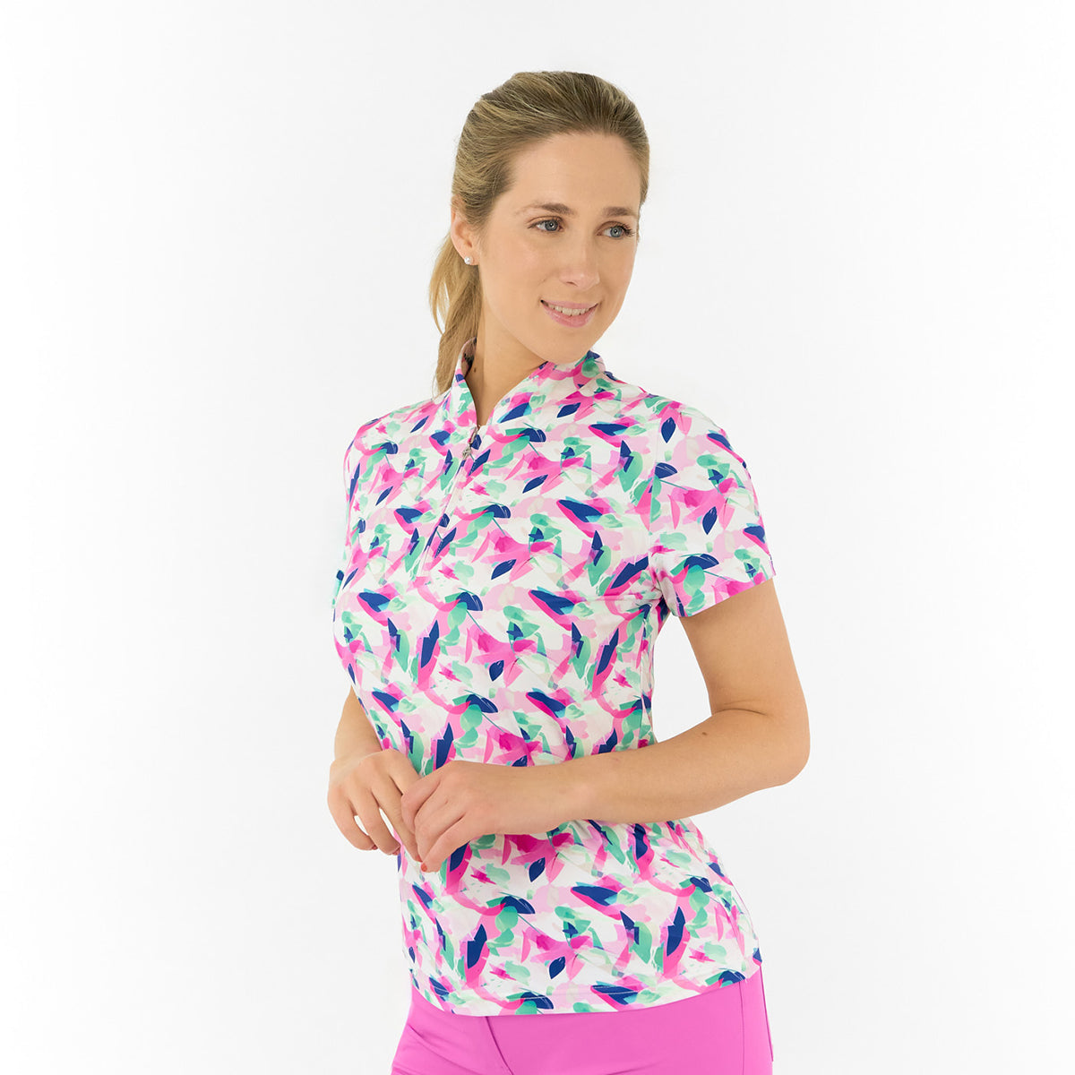 Pure Ladies Short Sleeve Polo in Abstract Tropical Nature Print