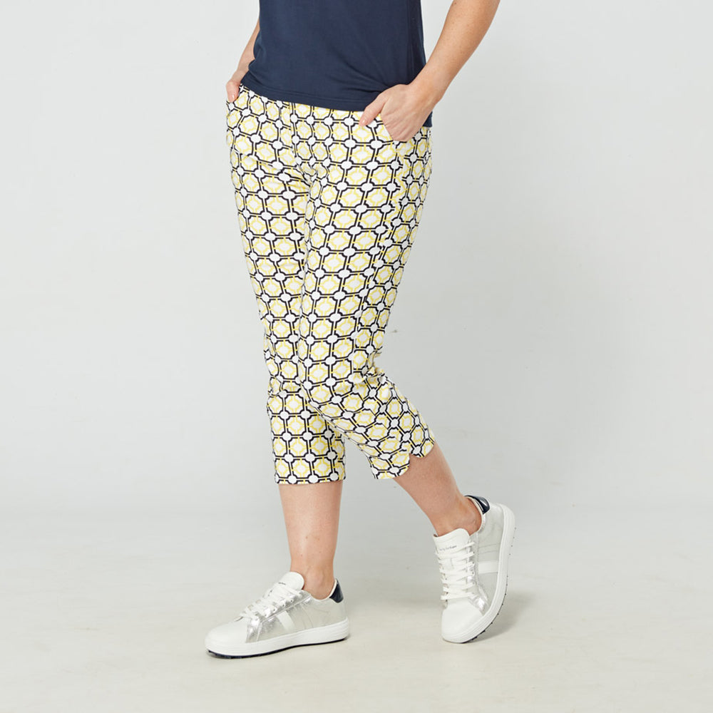 Swing Out Sister Women's Pull-On Capris in Navy and Sunshine with Mosaic Pattern