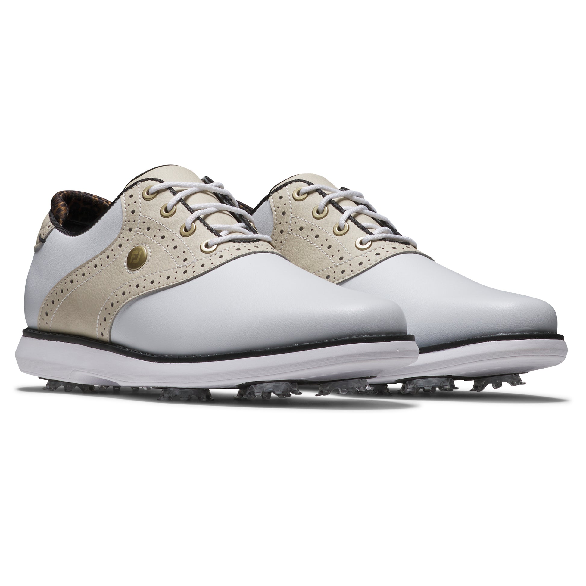 FootJoy Ladies Traditions Wide Fit Waterproof Golf Shoe in White & Tan with SoftSpikes