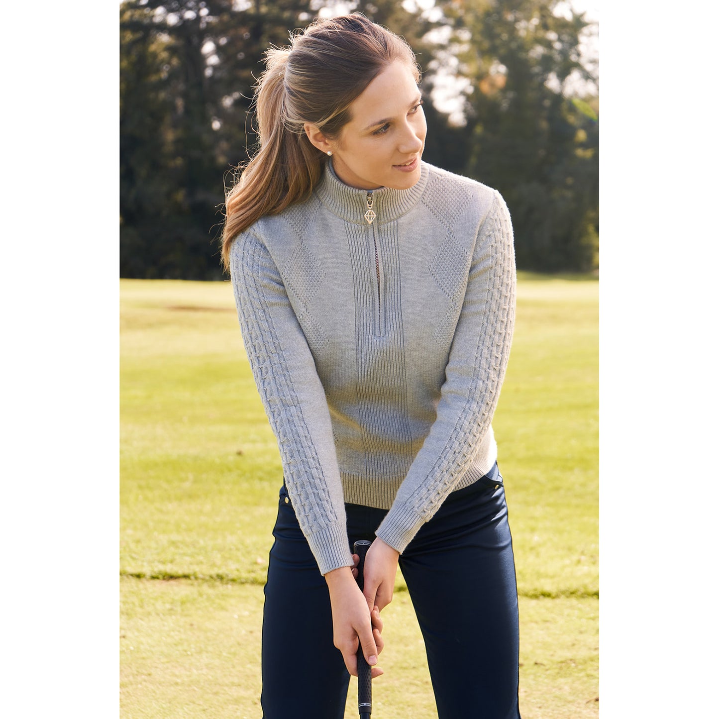 Pure Ladies Lined Zip-Neck Golf Sweater with Cable Knit Design