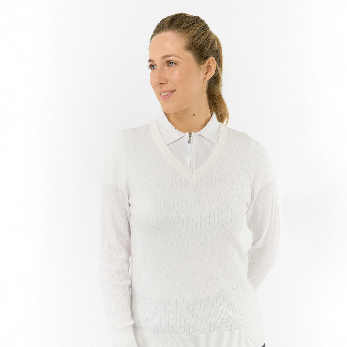 Pure Ladies Cable Knit V-Neck Golf Sweater