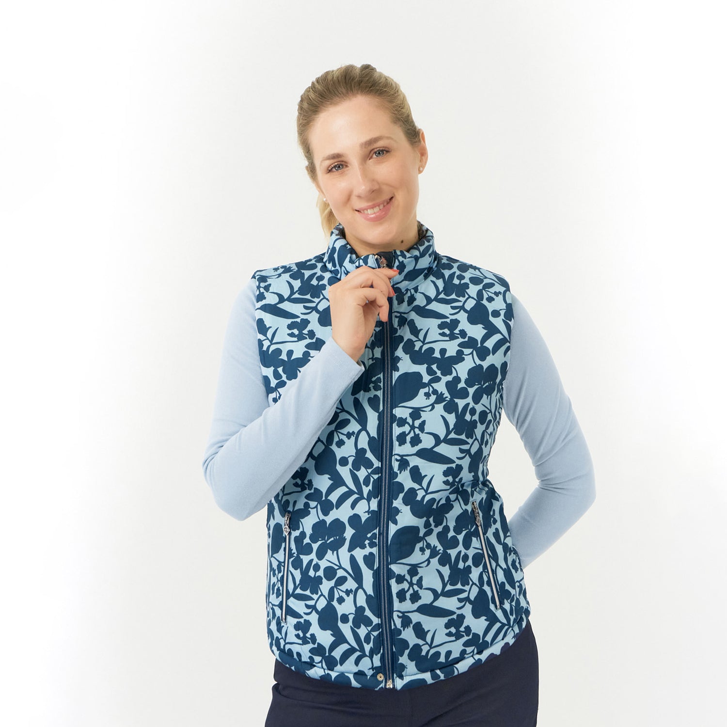 Pure Golf Ladies Reversible Gilet in Navy & Midnight Rose