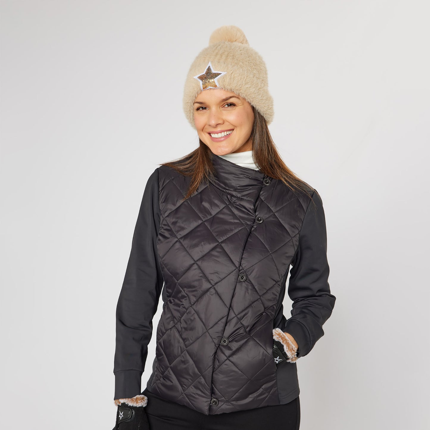 Swing Out Sister Ladies Quilted Hybrid Jacket with Lightweight Insulation in Black