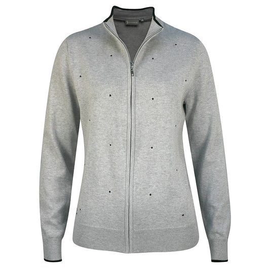 Glenmuir Ladies Full Zip Sweater with Embroidered Star Detail in Light Grey Marl/Black
