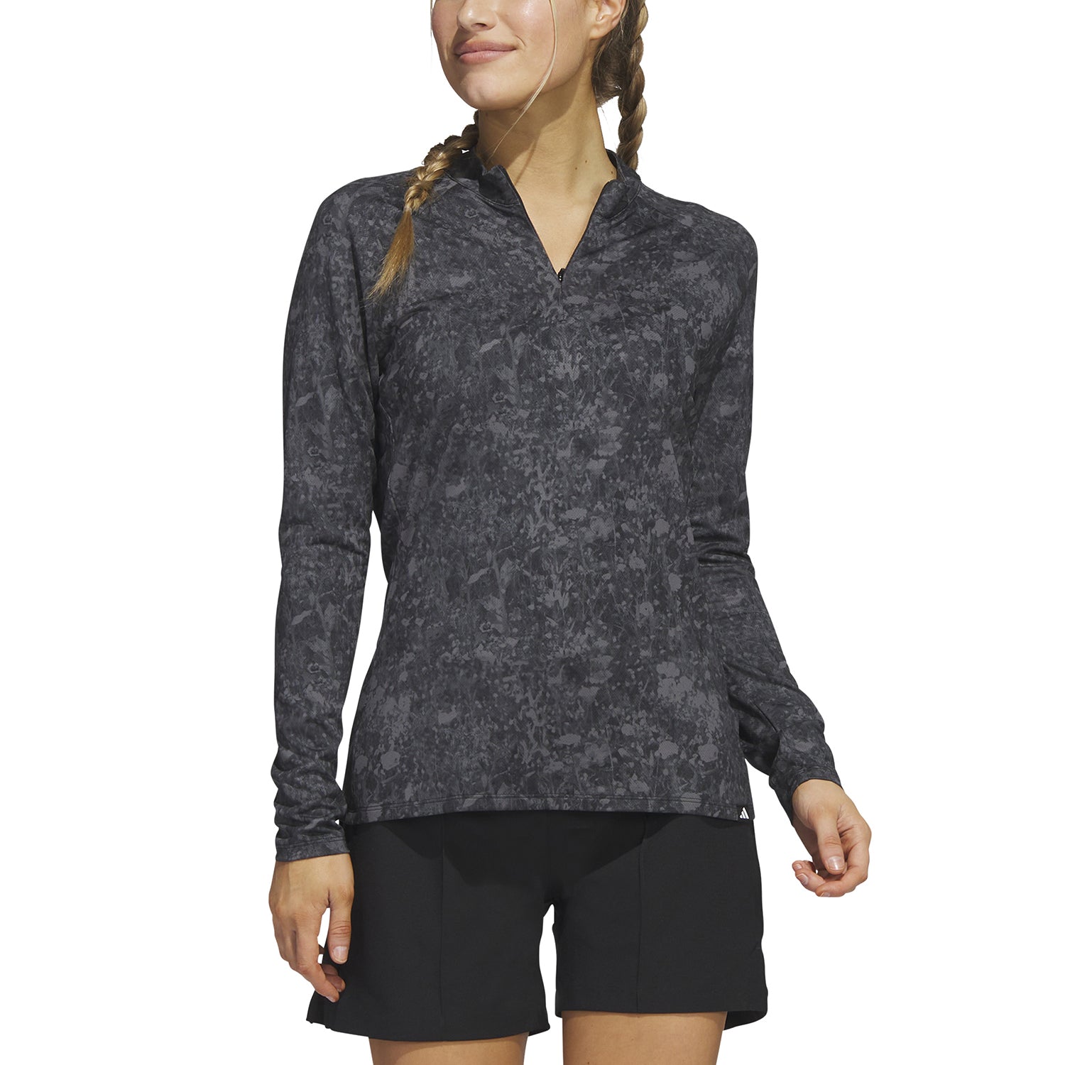 adidas Ladies Long Sleeve Zip-Neck Golf Top with Abstract Print in Black
