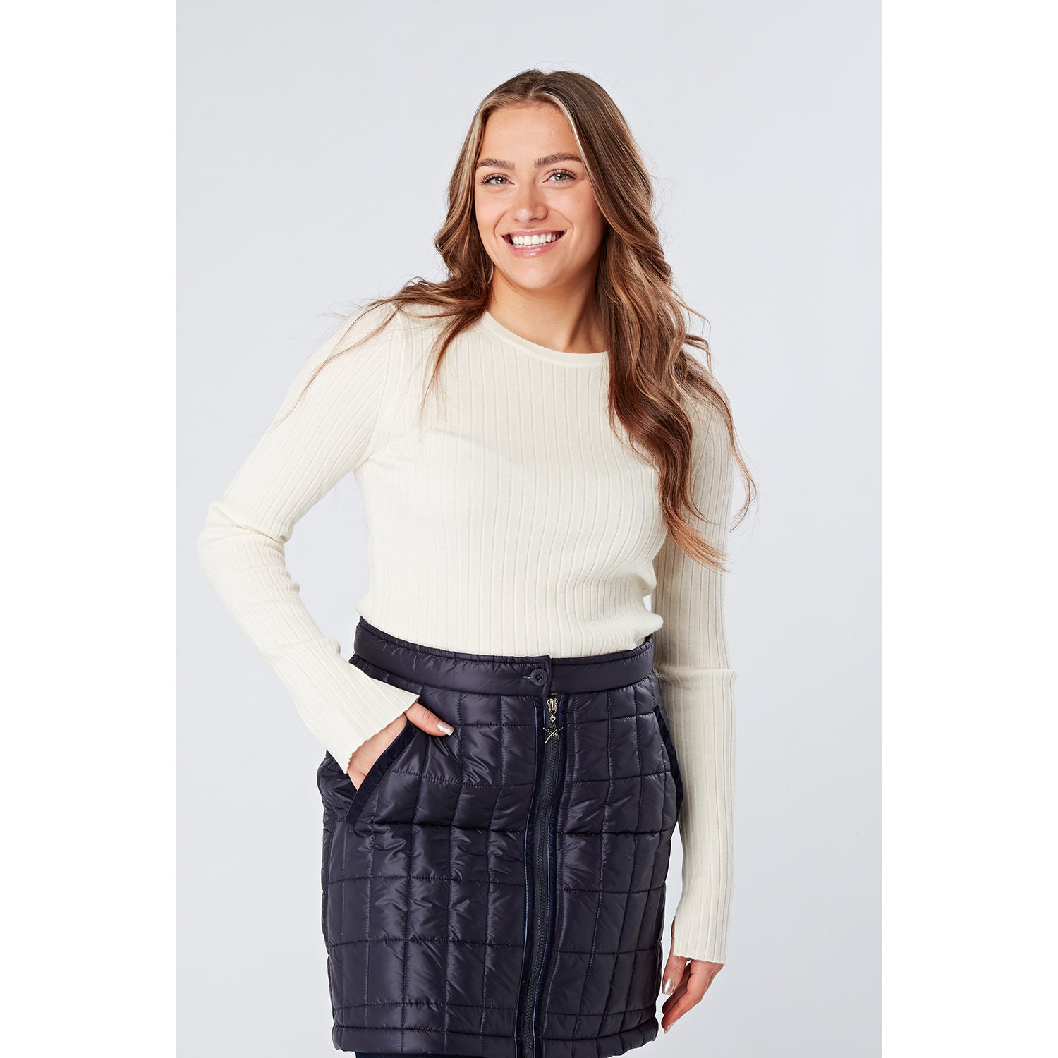 Swing Out Sister Ladies Ribbed Knit Sweater in Snow White