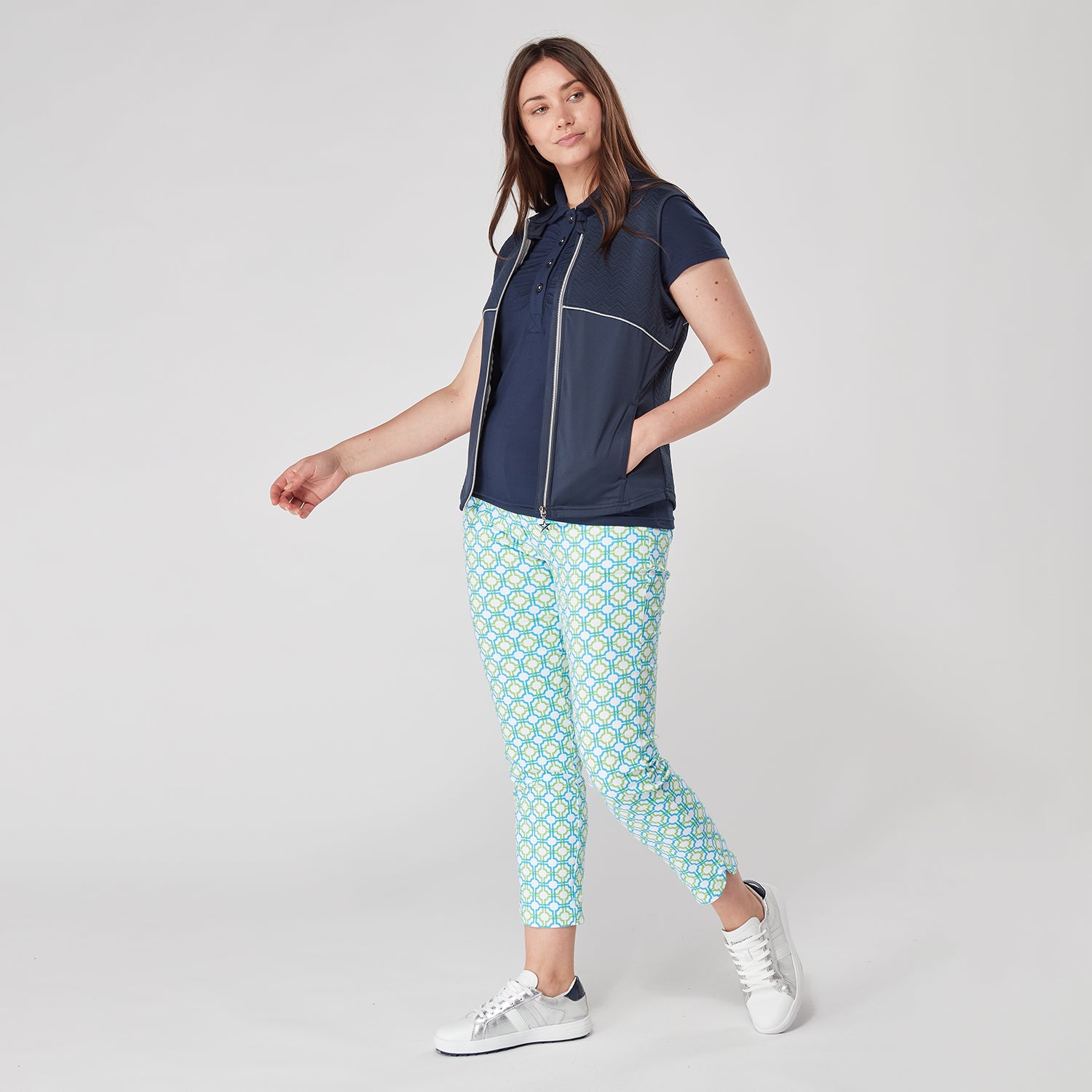 Swing Out Sister Ladies Dazzling Blue and Emerald Mosaic Pattern 7/8 Trousers