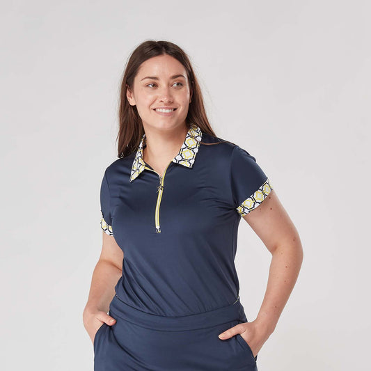 Swing Out Sister Ladies Zip-Neck Short Sleeve Polo with Sunshine and Navy Mosaic Pattern Print