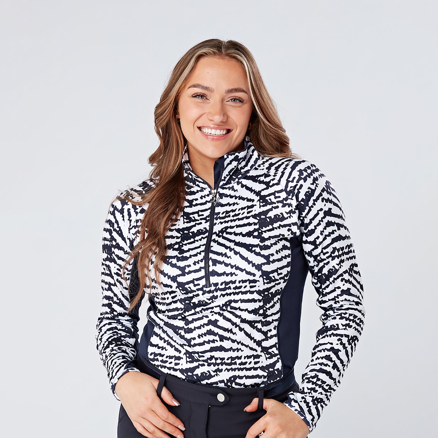 Swing Out Sister Ladies 1/4 Zip Top with Abstract Zebra Pattern