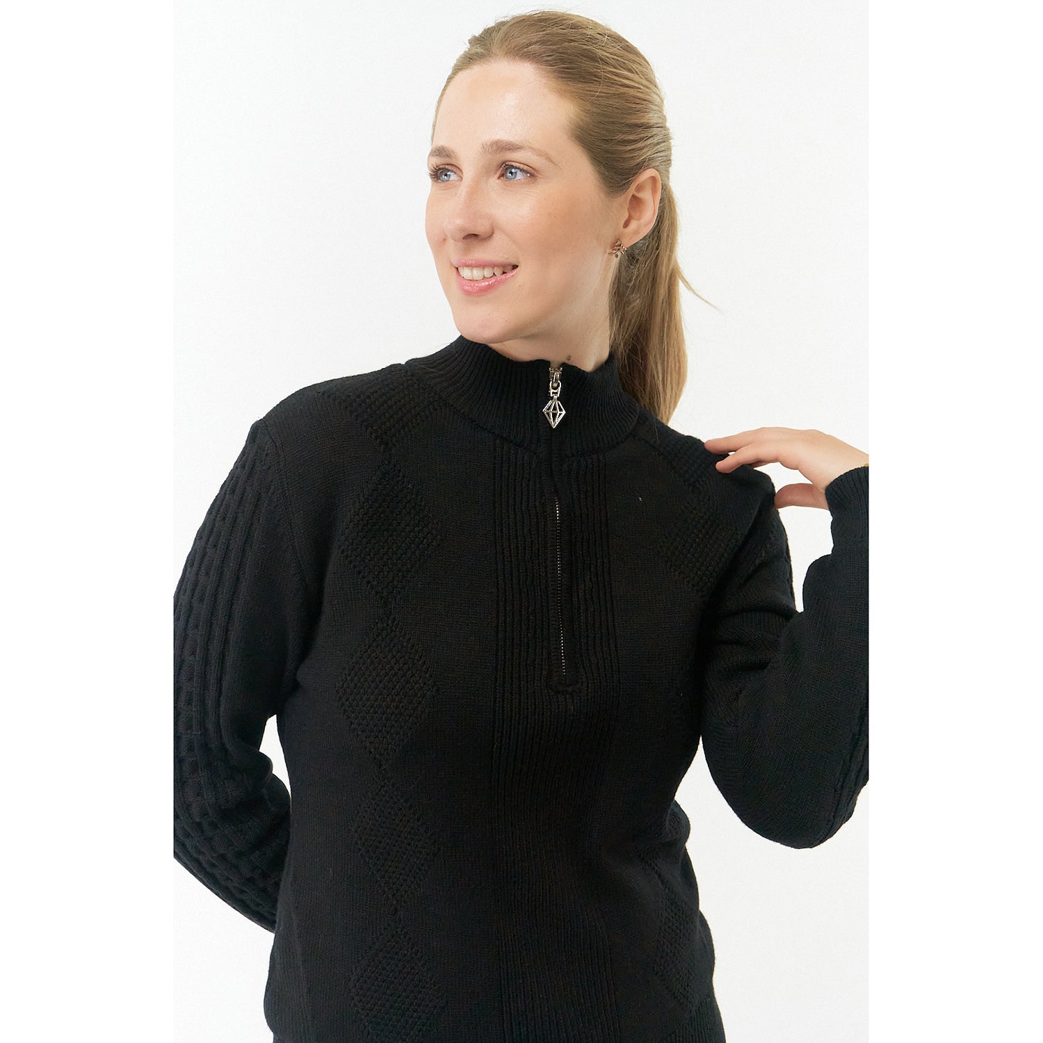 Pure Ladies Lined Zip Neck Golf Sweater with Cable Knit Design in Black